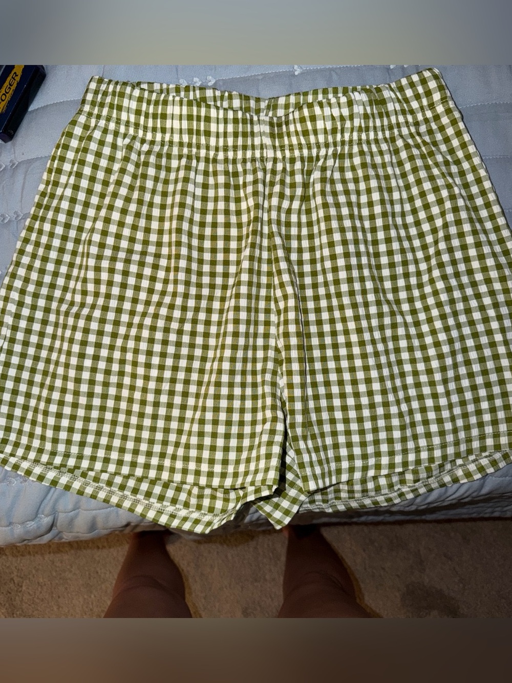 Green Gingham Women’s Elastic Waist Shorts